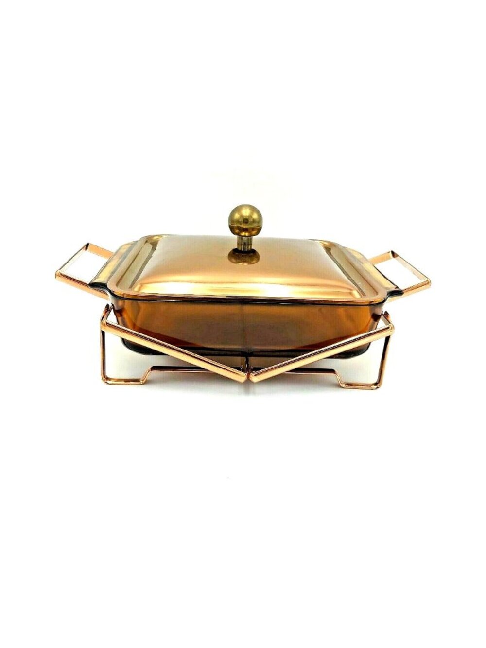 Anchor Hocking 435 Casserole Dish Amber 8 inch Glass Metal Carrier-USA Made